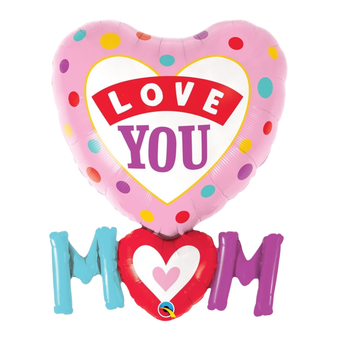 Pink multicolor heart balloon with LOVE YOU and MOM Mother’s Day decor from Parte Haus party supply store in Bethesda MD