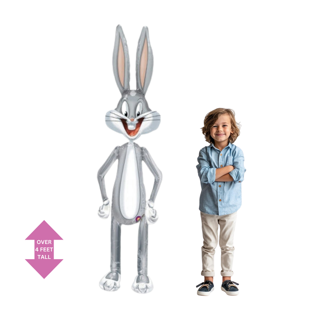 Gray Bugs Bunny airwalker balloon over four feet tall cartoon birthday from Parte Haus party supply store in Bethesda MD