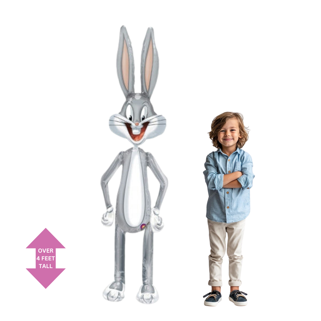 Gray Bugs Bunny airwalker balloon over four feet tall cartoon birthday from Parte Haus party supply store in Bethesda MD