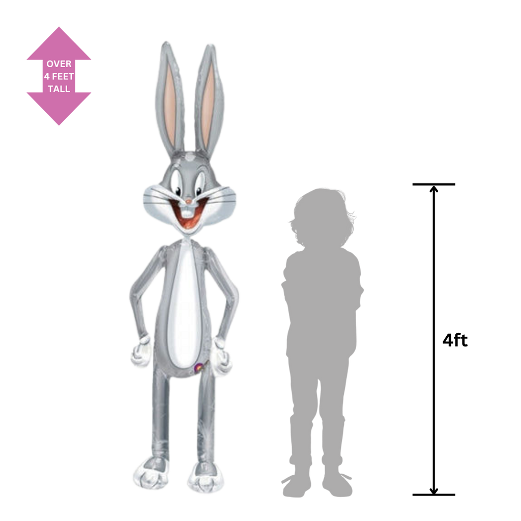 Gray Bugs Bunny airwalker balloon tall cartoon-shaped birthday decoration from Parte Haus party supply store in Bethesda MD