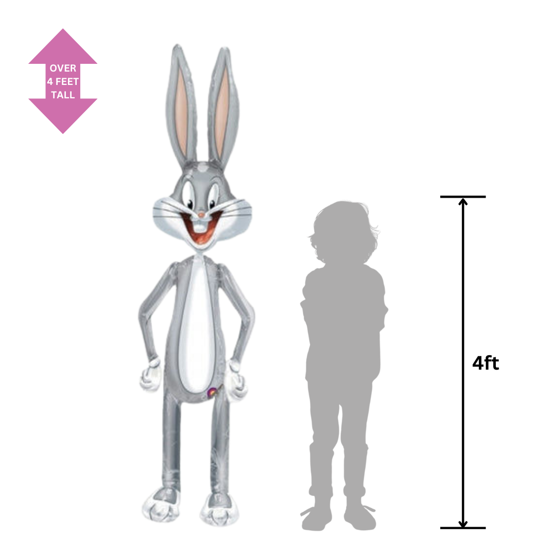 Gray Bugs Bunny airwalker balloon tall cartoon-shaped birthday decoration from Parte Haus party supply store in Bethesda MD
