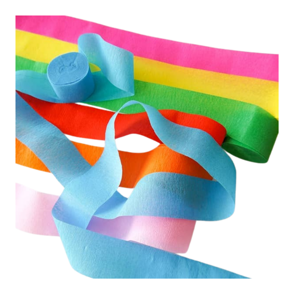 Rainbow multicolor crepe paper streamers for birthday events from Parte Haus party supply store in Bethesda Maryland