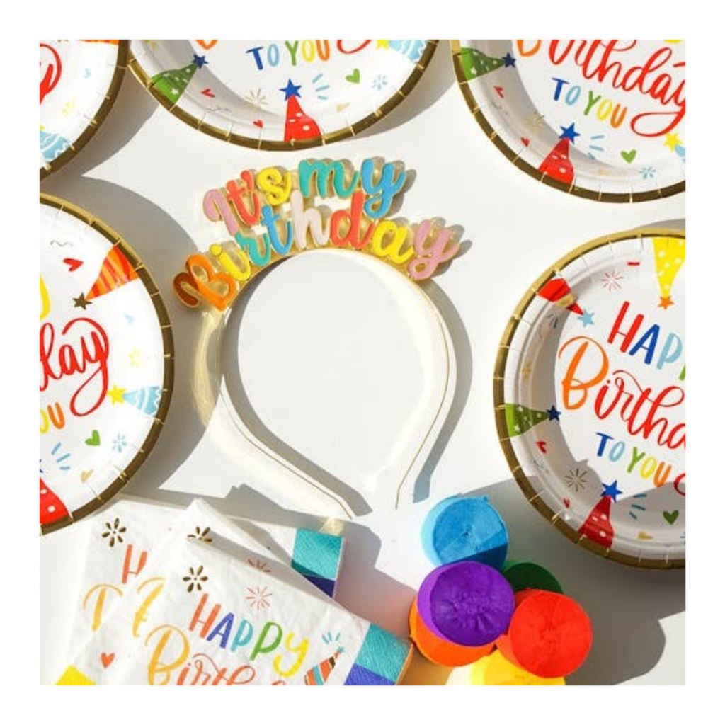 Multicolor birthday headband and plates with confetti design birthday party from Parte Haus party supply store in Bethesda MD