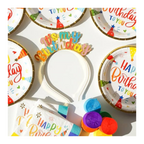 Multicolor birthday headband and plates with confetti design birthday party from Parte Haus party supply store in Bethesda MD