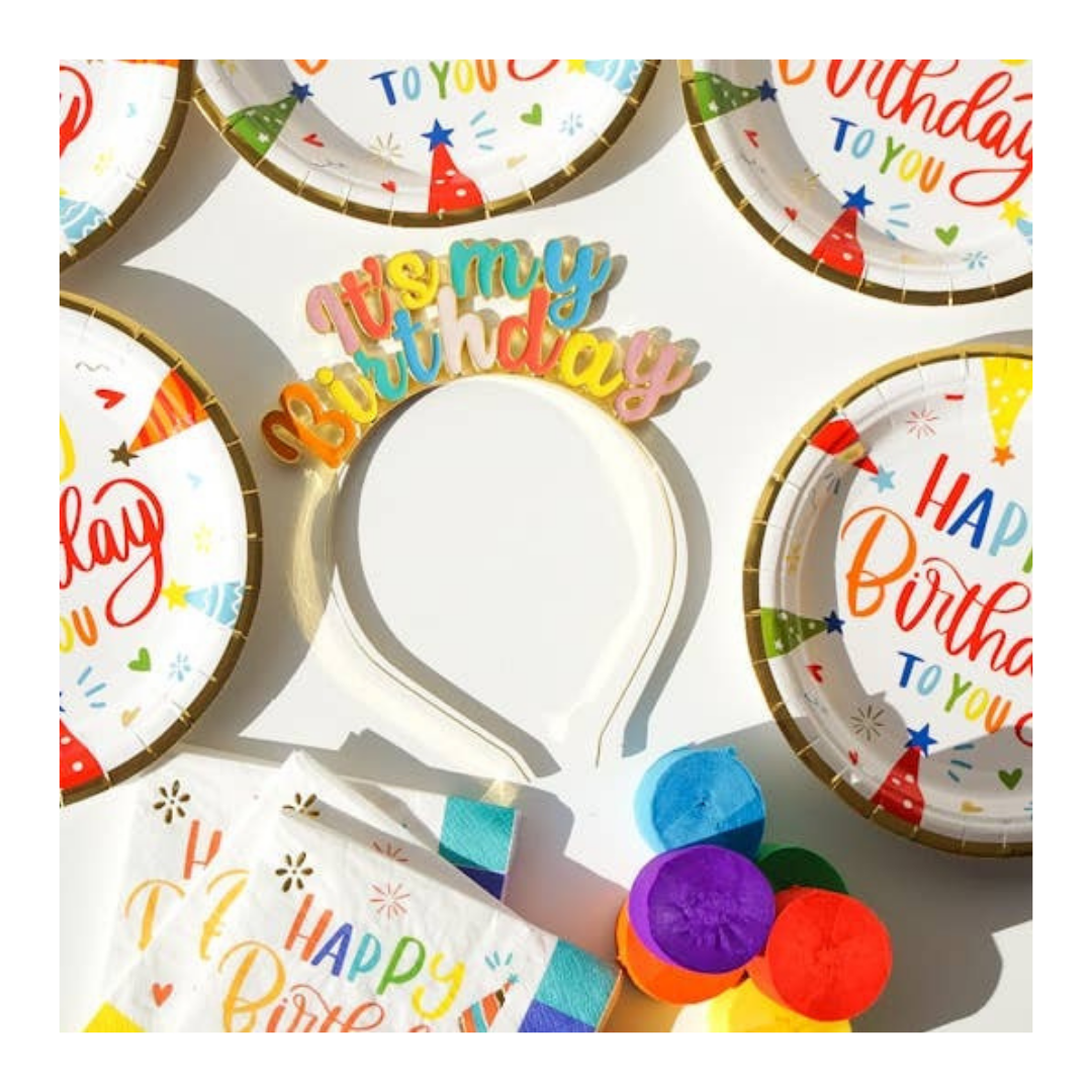 Multicolor birthday headband and plates with confetti design birthday party from Parte Haus party supply store in Bethesda MD
