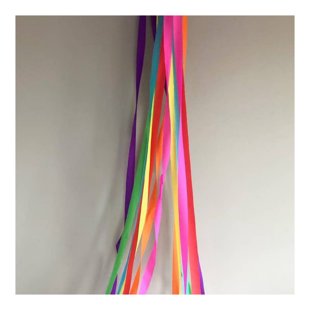 Rainbow color hanging streamers wall decoration birthday from Parte Haus party supply store in Bethesda Maryland