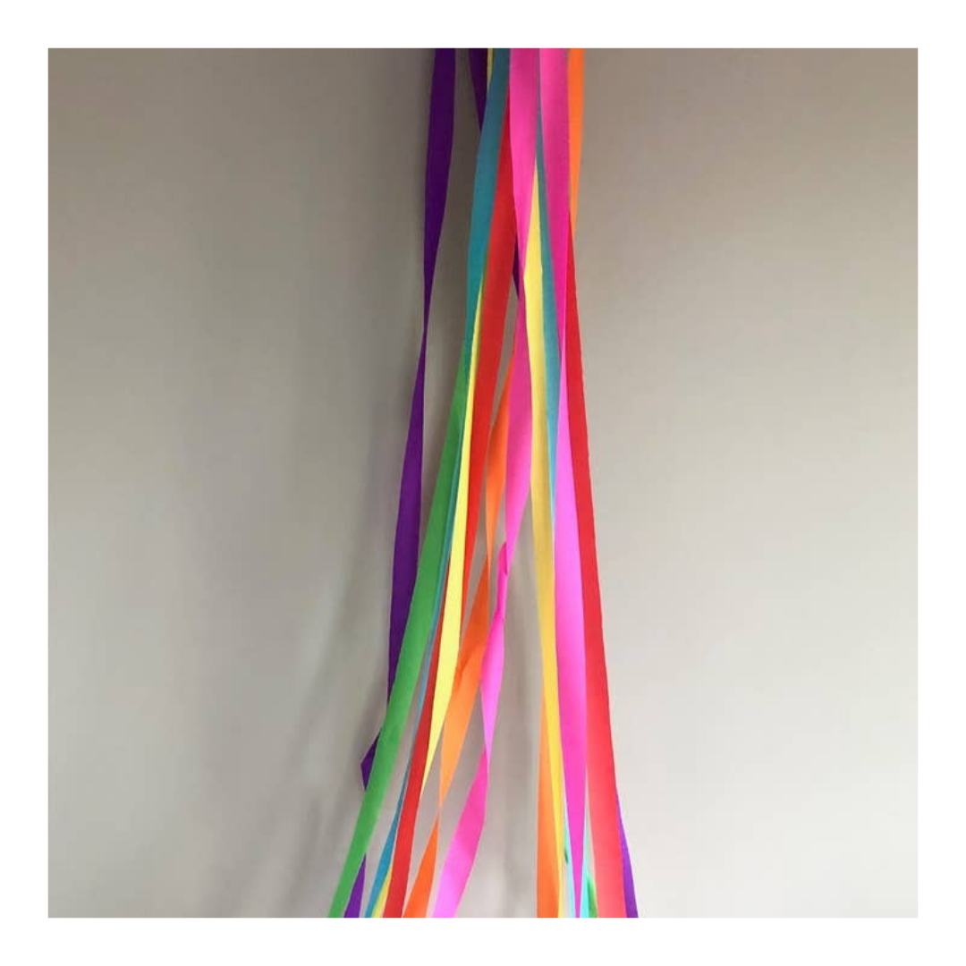 Rainbow color hanging streamers wall decoration birthday from Parte Haus party supply store in Bethesda Maryland