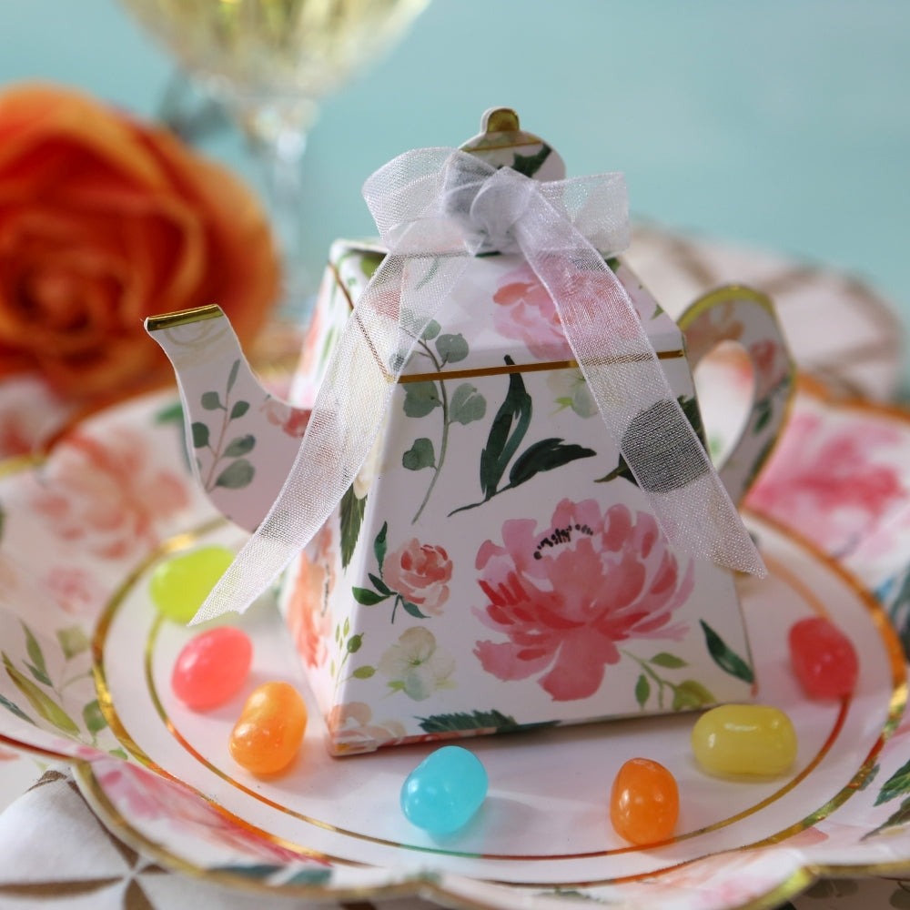 Pink floral teapot favor box with ribbon for tea party theme from Parte Haus party supply store in Bethesda Maryland