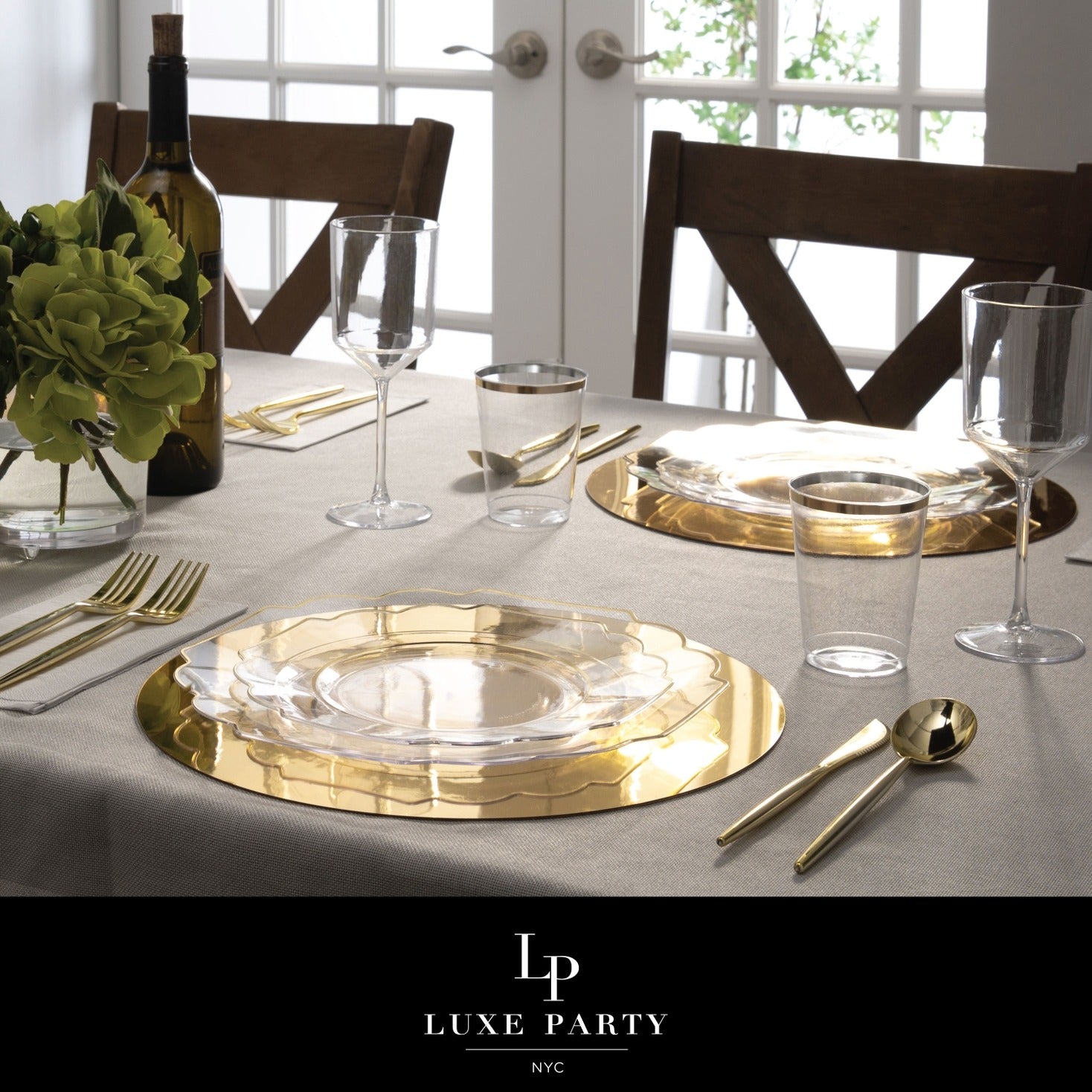 Gold and clear dinnerware set elegant table setting for celebration from Parte Haus party supply store in Bethesda MD