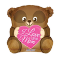Brown bear balloon with pink heart that says I Love You Mom Mother’s Day from Parte Haus party supply store in Bethesda Maryland