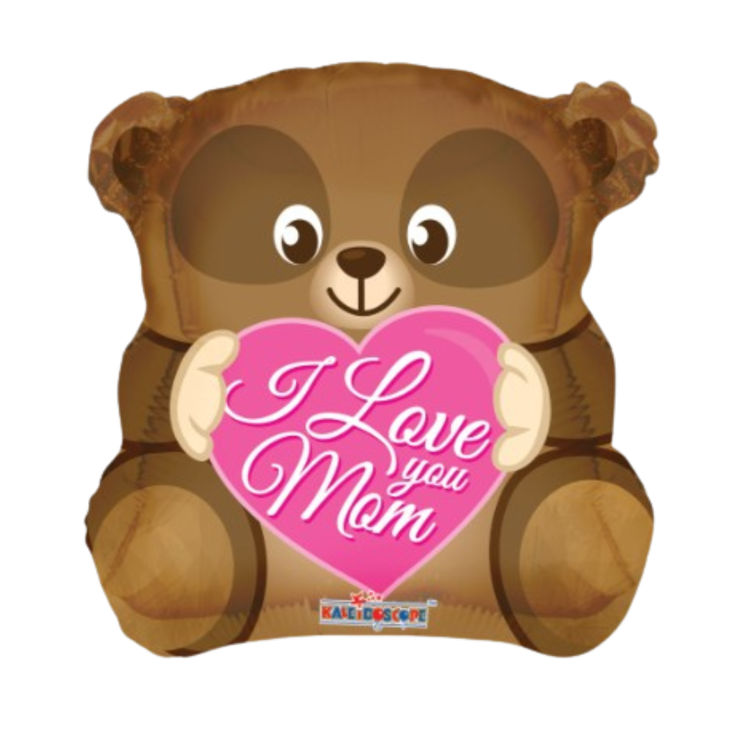 Brown bear balloon with pink heart that says I Love You Mom Mother’s Day from Parte Haus party supply store in Bethesda Maryland