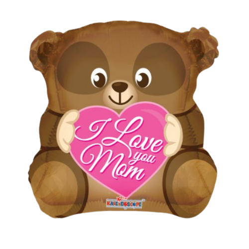 Brown bear balloon with pink heart that says I Love You Mom Mother’s Day from Parte Haus party supply store in Bethesda Maryland