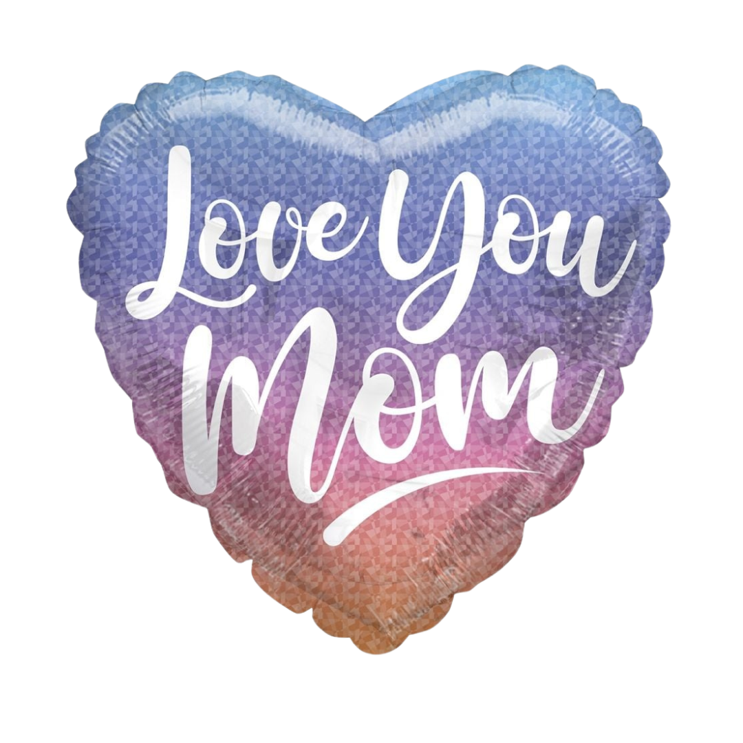 Purple ombre heart balloon with Love You Mom message for Mother’s Day from Parte Haus party supply store in Bethesda MD.