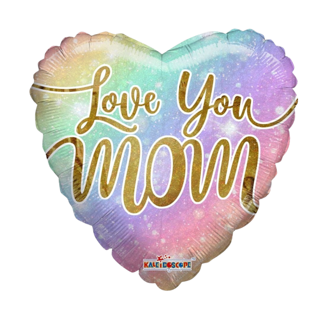 Rainbow heart balloon with gold Love You Mom text for Mother's Day from Parte Haus party supply store in Bethesda MD