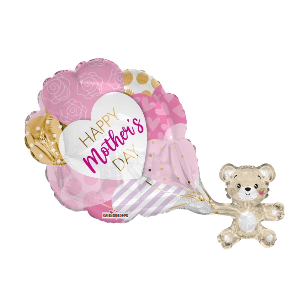 Pink and gold Mother's Day balloon bouquet with heart shapes and teddy bear from Parte Haus party supply store in Bethesda Maryland