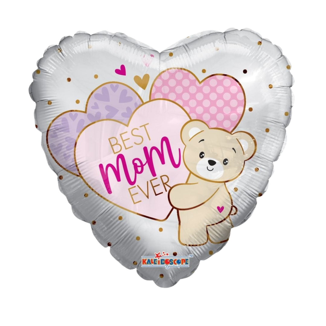 White heart shaped balloon with bear and hearts Mother’s Day from Parte Haus party supply store in Bethesda MD