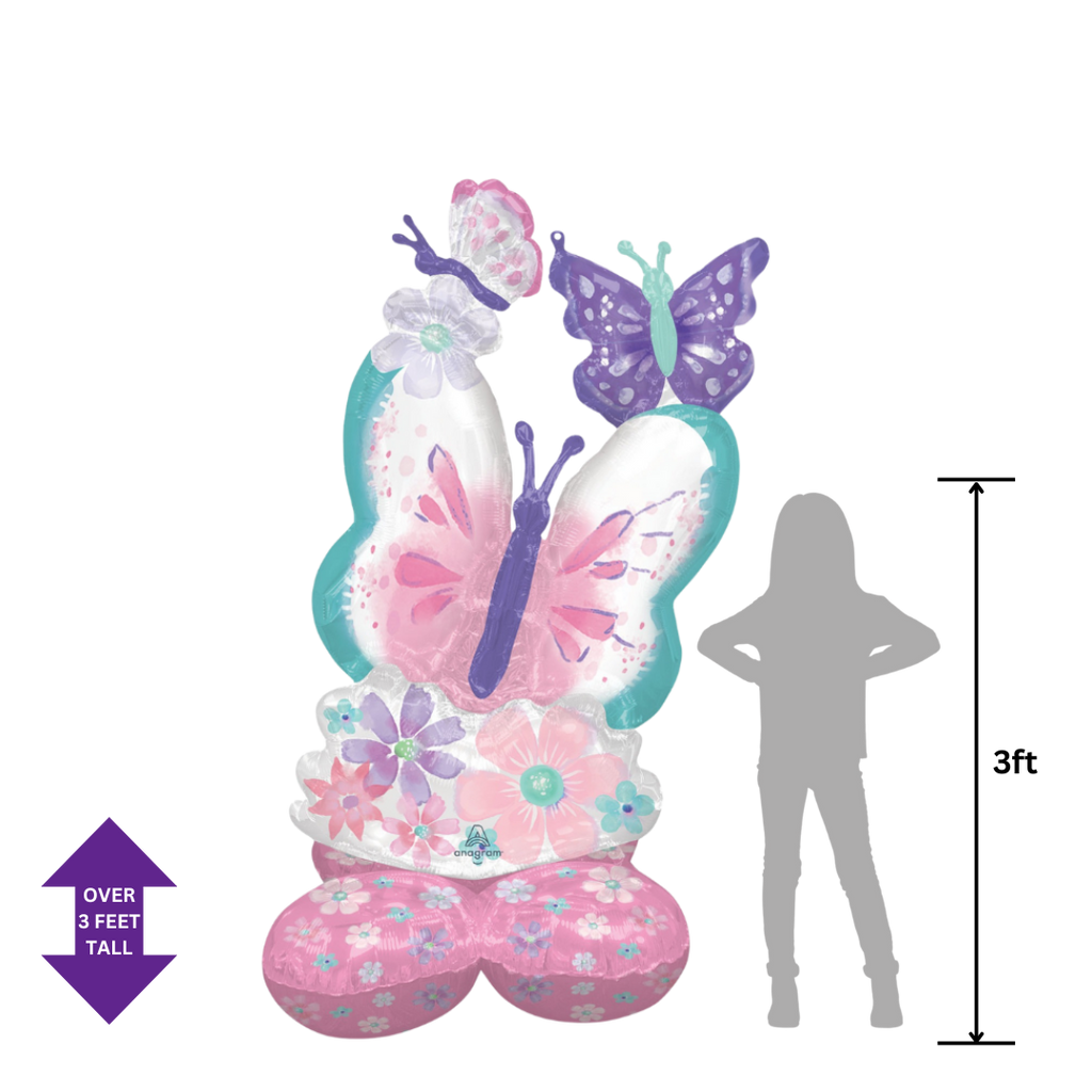 Pink purple and blue butterfly balloon bouquet with floral accents for birthday from Parte Haus party supply store in Bethesda Maryland