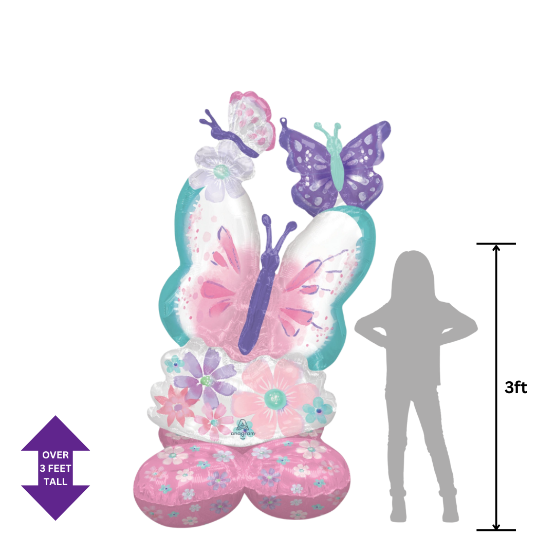 Pink purple and blue butterfly balloon bouquet with floral accents for birthday from Parte Haus party supply store in Bethesda Maryland