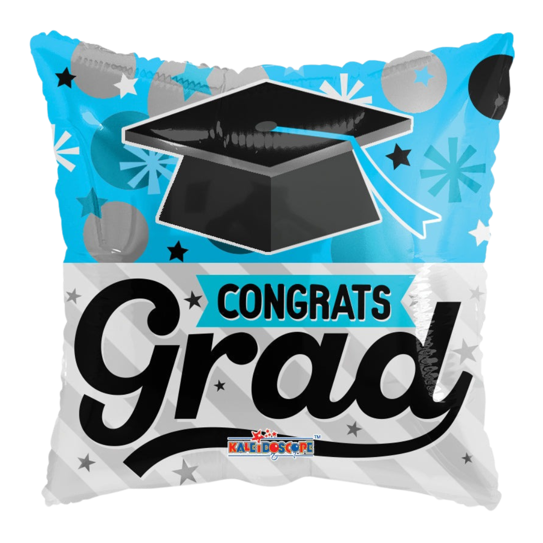 Blue and white graduation balloon with cap and stars for graduation from Parte Haus party supply store in Bethesda MD