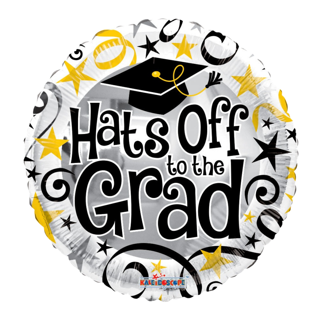 Gold and black graduation balloon with cap and stars for graduation from Parte Haus party supply store in Bethesda MD