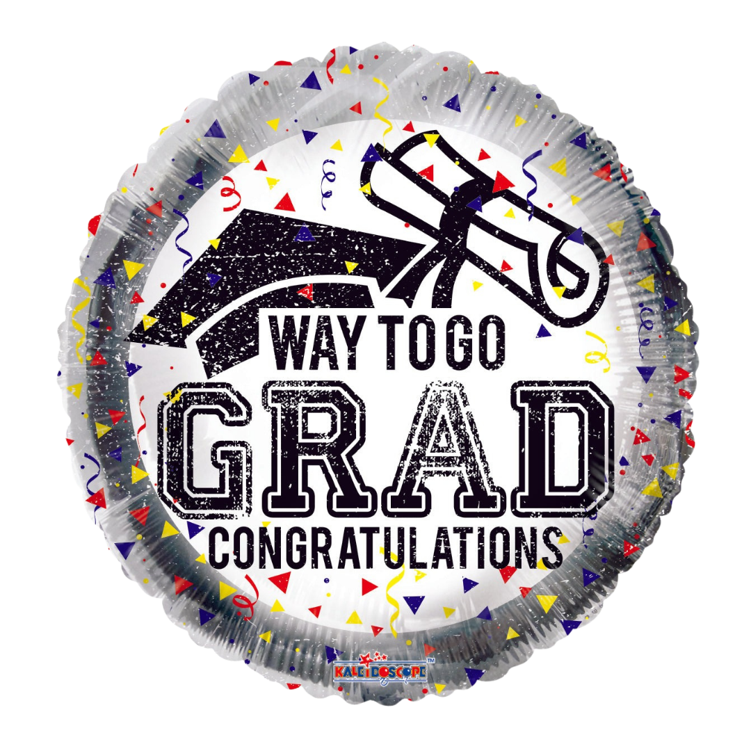 Black and white graduation balloon with confetti and way to go grad text graduation theme from Parte Haus party supply store in Bethesda Maryland