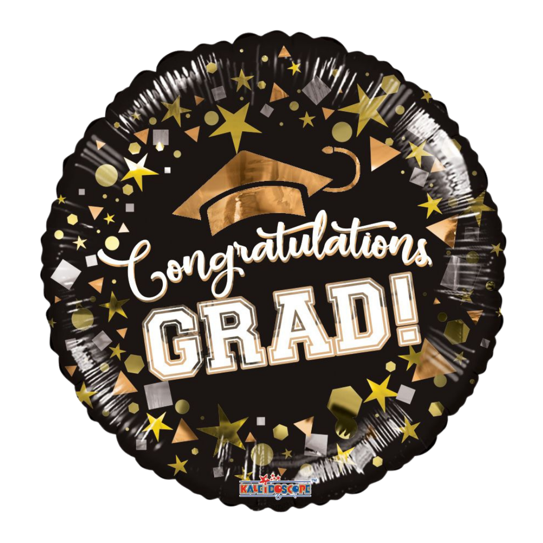 Black and gold graduation balloon with cap stars and congratulations grad text from Parte Haus party supply store in Bethesda Maryland