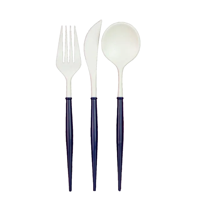 Navy and White Plastic Cutlery - 24 pcs