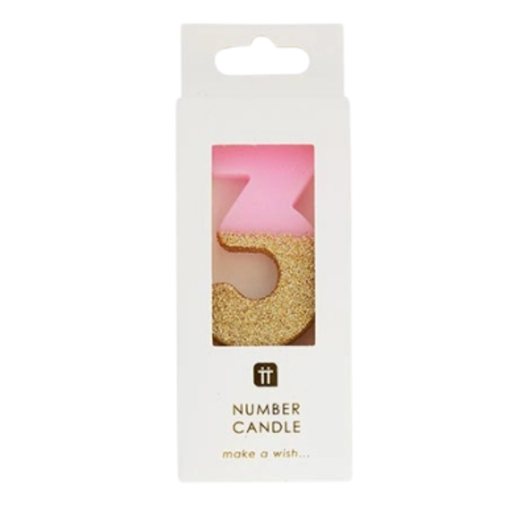 Pink & Gold Glitter 0-9 Number Candles