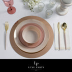 Blush pink and gold dinnerware set elegant table setting for weddings from Parte Haus party supply store in Bethesda MD