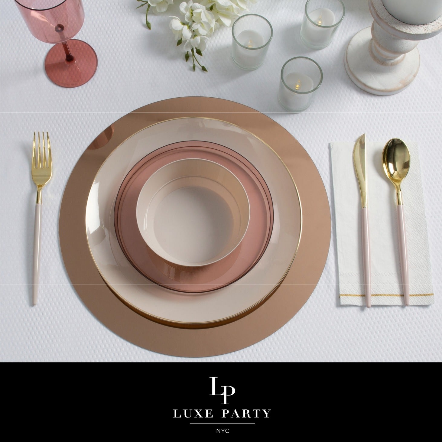 Blush pink and gold dinnerware set elegant table setting for weddings from Parte Haus party supply store in Bethesda MD
