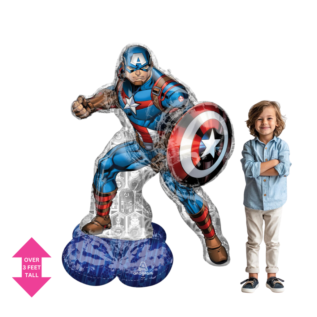 Blue Captain America balloon with shield superhero birthday decor from Parte Haus party supply store in Bethesda MD