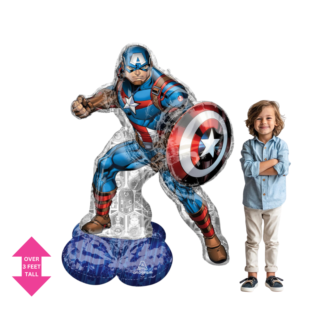 Blue Captain America balloon with shield superhero birthday decor from Parte Haus party supply store in Bethesda MD