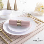 Pink and gold table setting with napkin on white plates elegant dinner theme from Parte Haus party supply store in Bethesda MD
