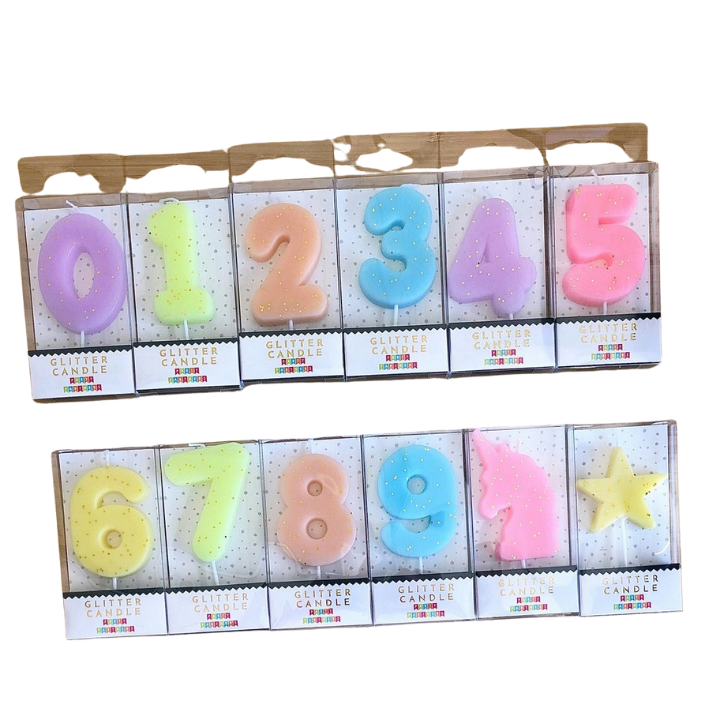 Pastel glitter number candles for birthday cakes from Parte Haus party supply store in Bethesda Maryland