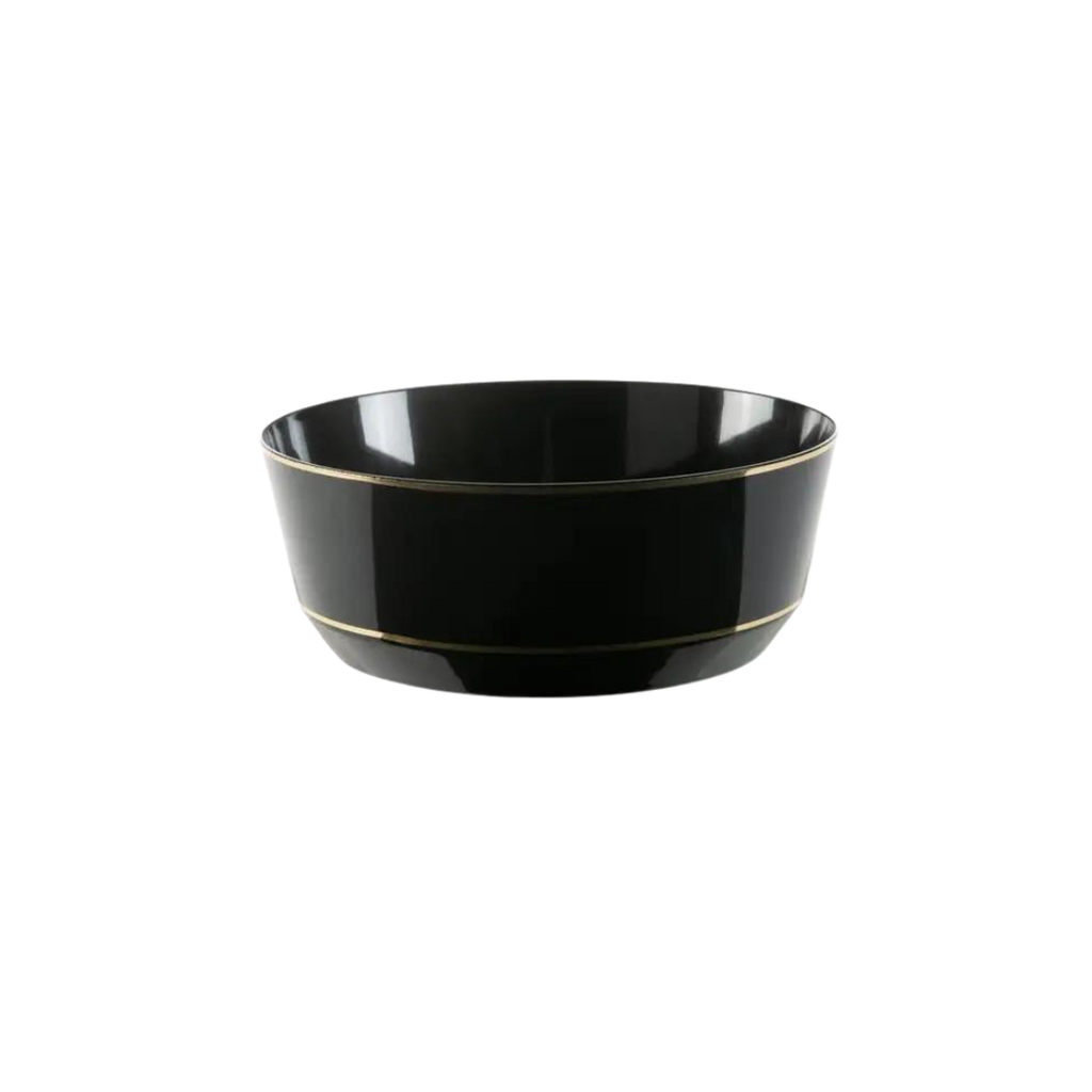 Black and gold plastic dessert bowl elegant round design celebration from Parte Haus party supply store in Bethesda Maryland