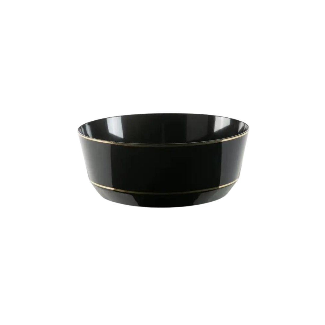 Black and gold plastic dessert bowl elegant round design celebration from Parte Haus party supply store in Bethesda Maryland
