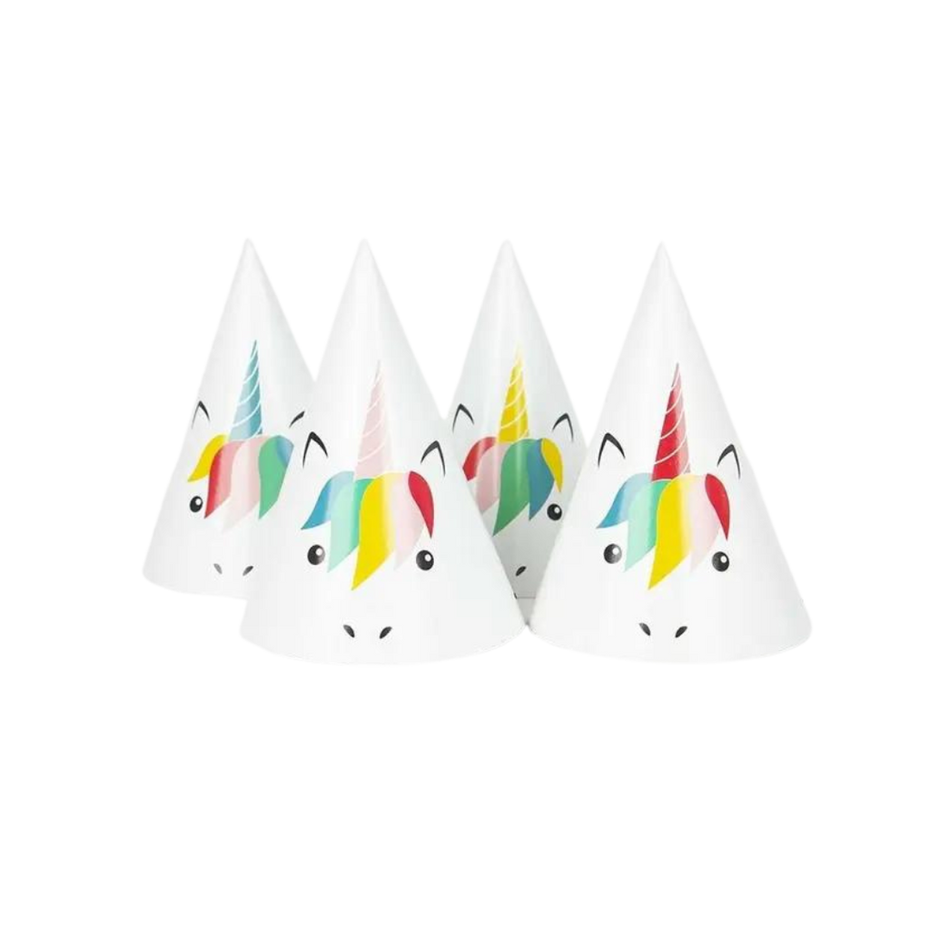 Colorful unicorn birthday hats with cartoon faces for kids party from Parte Haus party supply store in Bethesda Maryland
