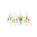 Colorful unicorn birthday hats with cartoon faces for kids party from Parte Haus party supply store in Bethesda Maryland