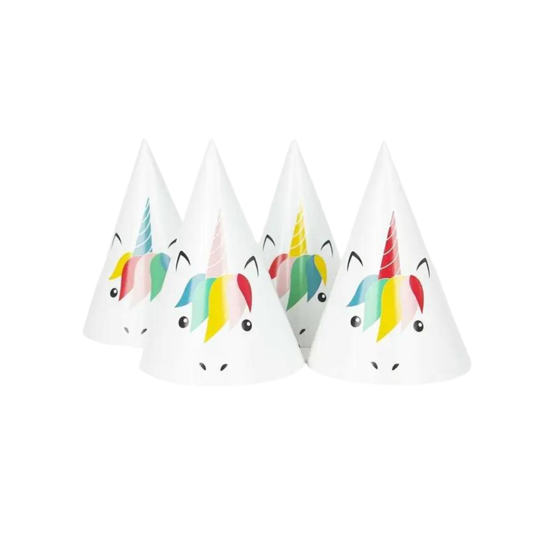 Colorful unicorn birthday hats with cartoon faces for kids party from Parte Haus party supply store in Bethesda Maryland