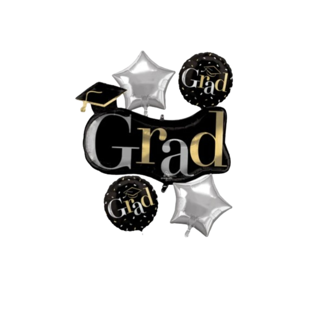 Black and silver graduation balloon set with cap design for graduation from Parte Haus party supply store in Bethesda Maryland