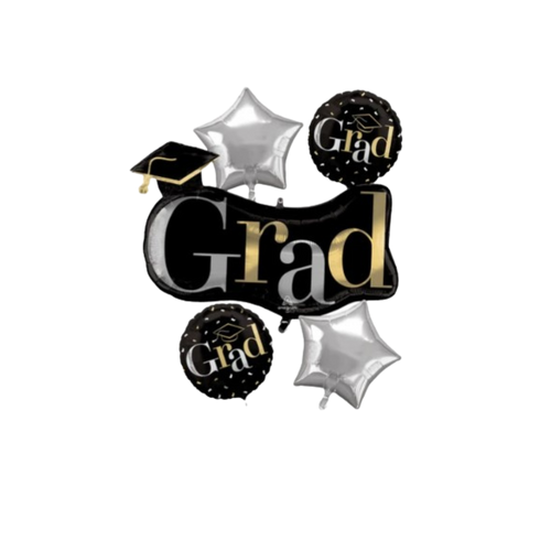 Black and silver graduation balloon set with cap design for graduation from Parte Haus party supply store in Bethesda Maryland