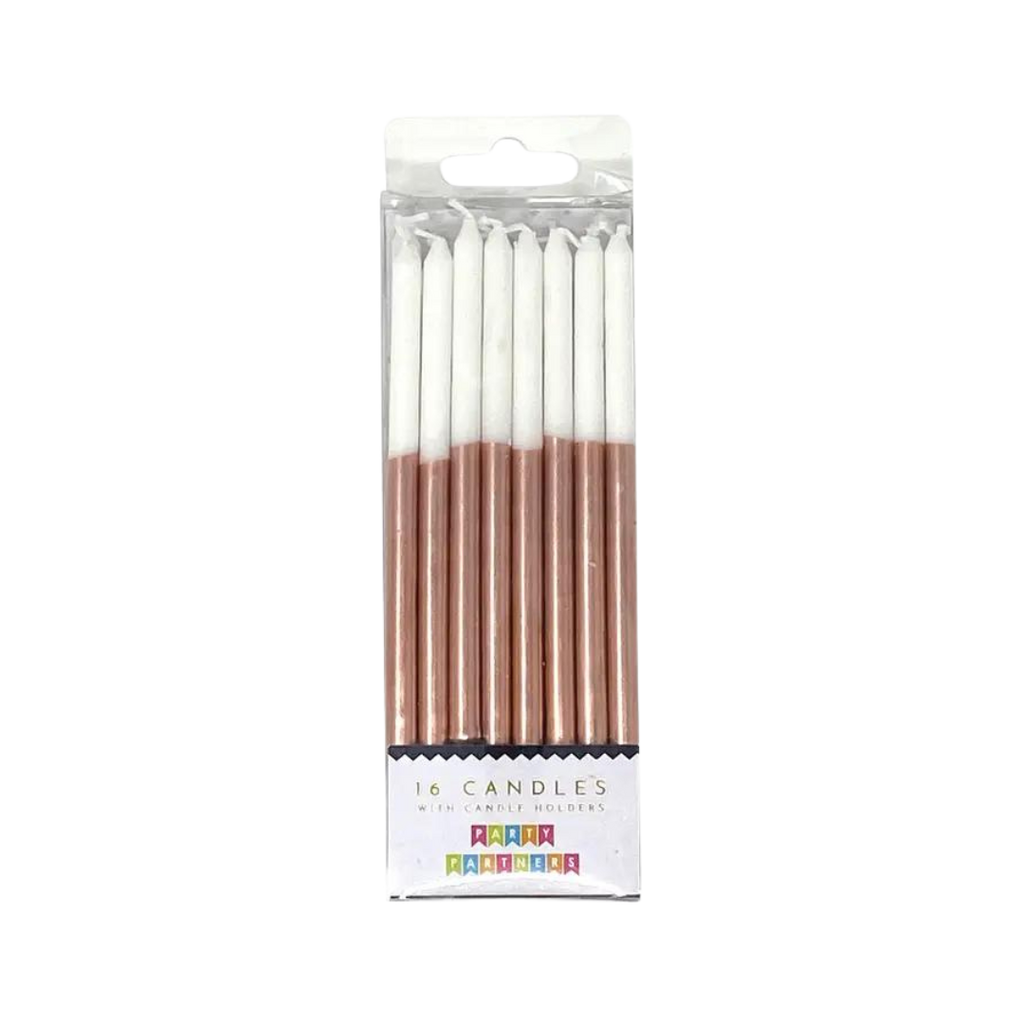 Rose gold and white birthday candles in box celebration cake from Parte Haus party supply store in Bethesda, Maryland.