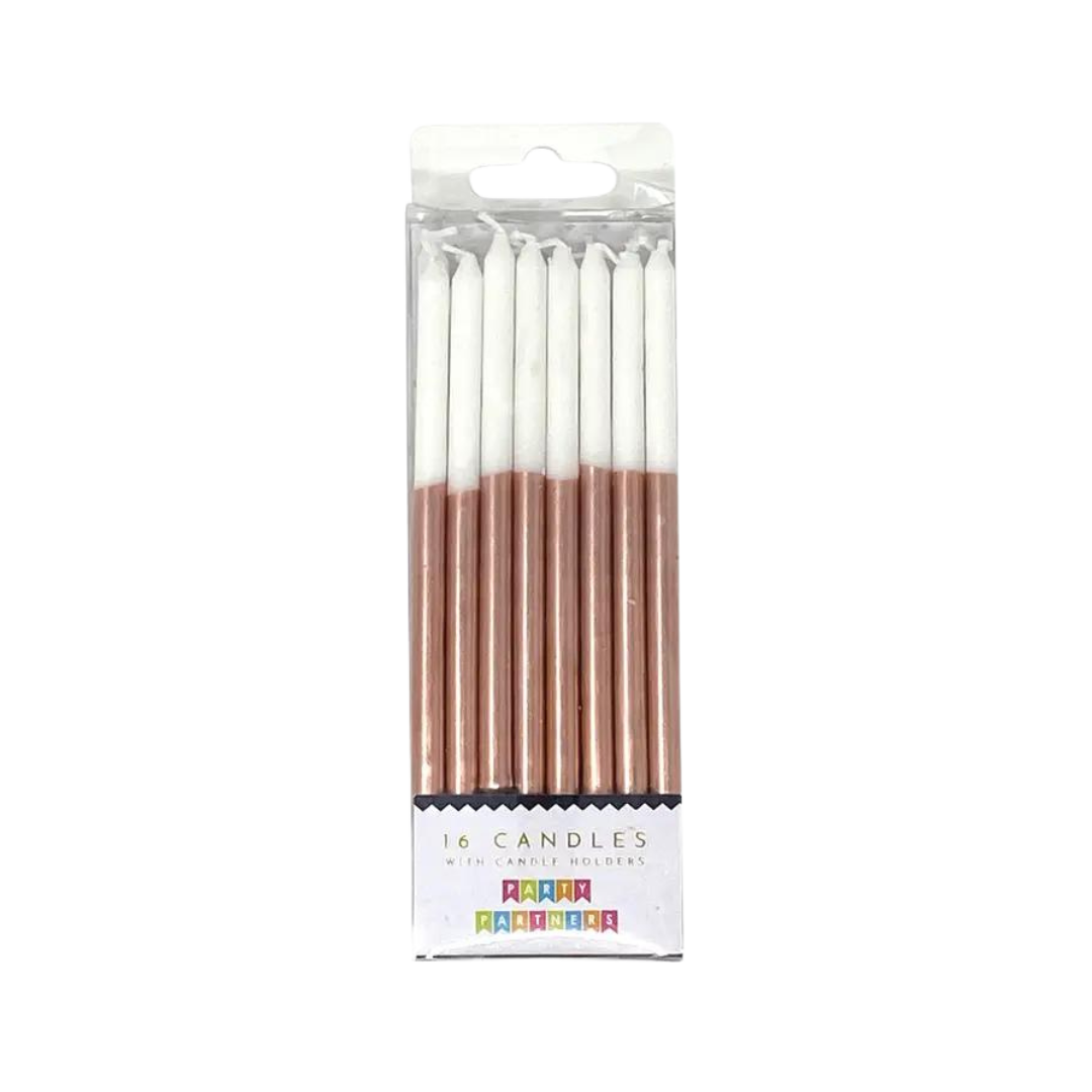 Rose gold and white birthday candles in box celebration cake from Parte Haus party supply store in Bethesda, Maryland.