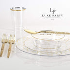 Gold elegant disposable dinnerware set with forks plates and cup for celebration from Parte Haus party supply store in Bethesda MD.