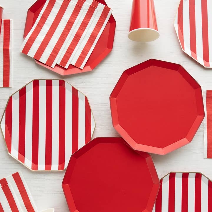 Cherry Red and White Signature Cabana Striped Large Dinner Plates