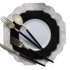 Black and gold disposable cutlery and charger plates elegant tableware for celebration from Parte Haus party supply store in Bethesda Maryland