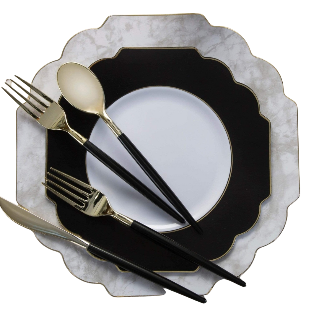 Black and gold disposable cutlery and charger plates elegant tableware for celebration from Parte Haus party supply store in Bethesda Maryland
