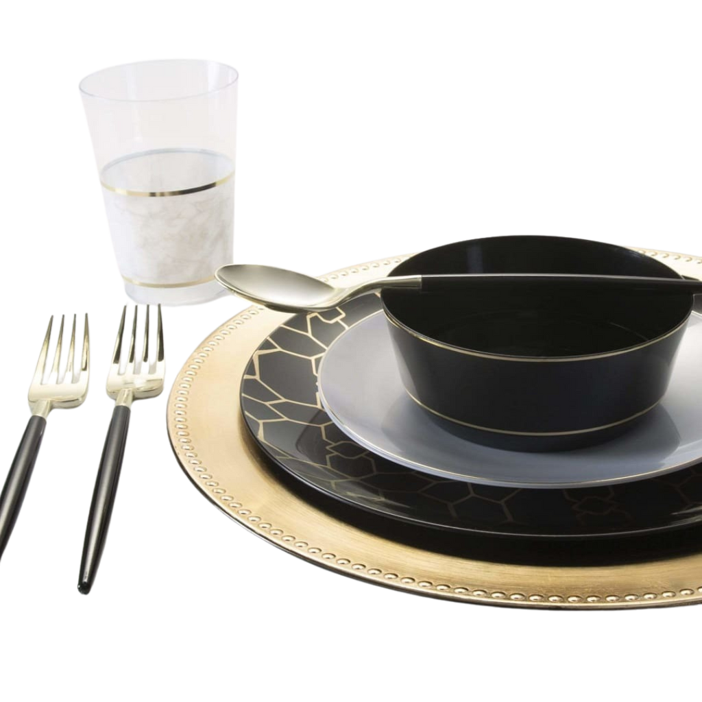 Black and gold dinnerware set elegant table setting for celebration from Parte Haus party supply store in Bethesda Maryland
