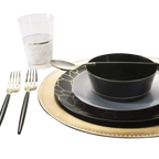 Black and gold dinnerware set elegant table setting for celebration from Parte Haus party supply store in Bethesda Maryland