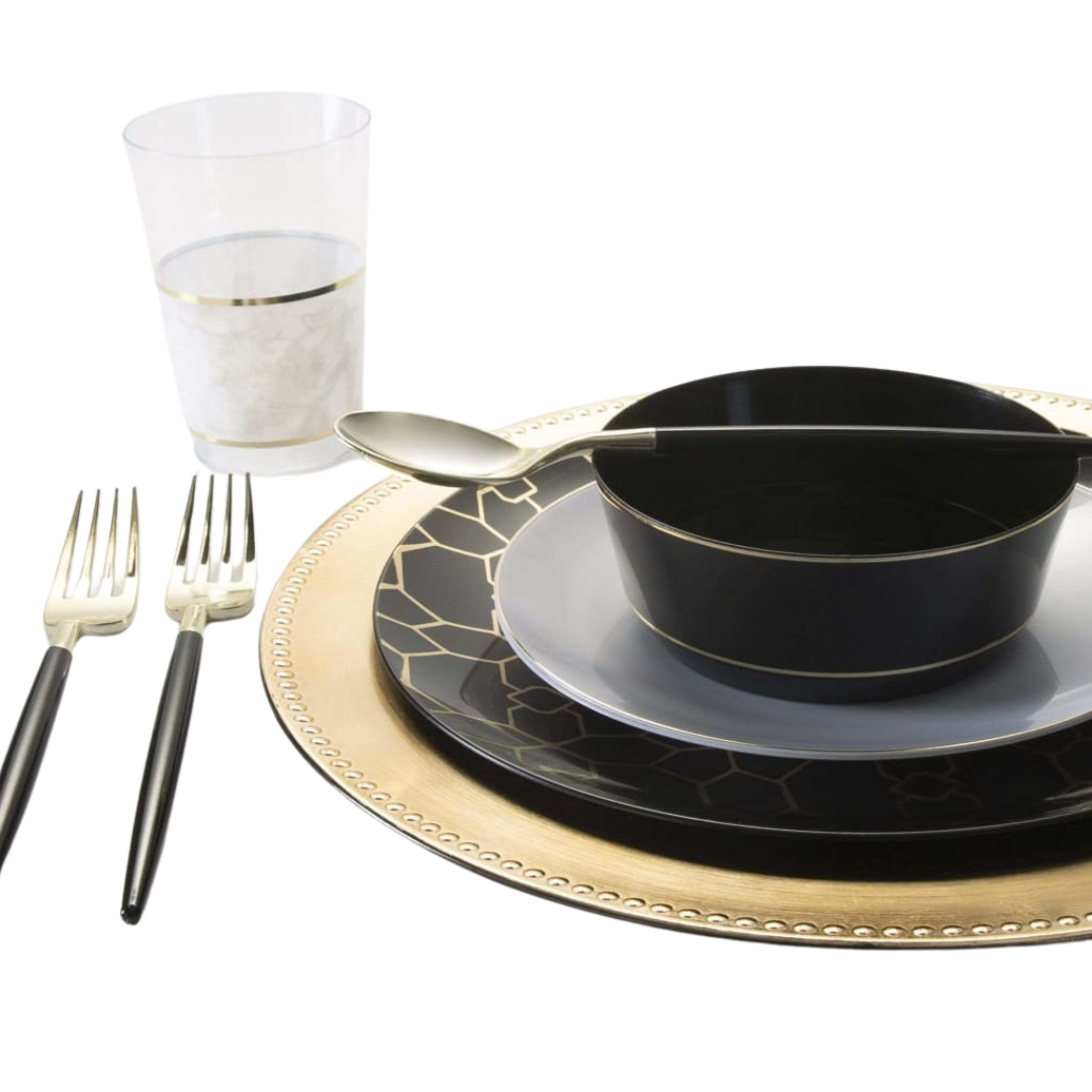 Black and gold dinnerware set elegant table setting for celebration from Parte Haus party supply store in Bethesda Maryland